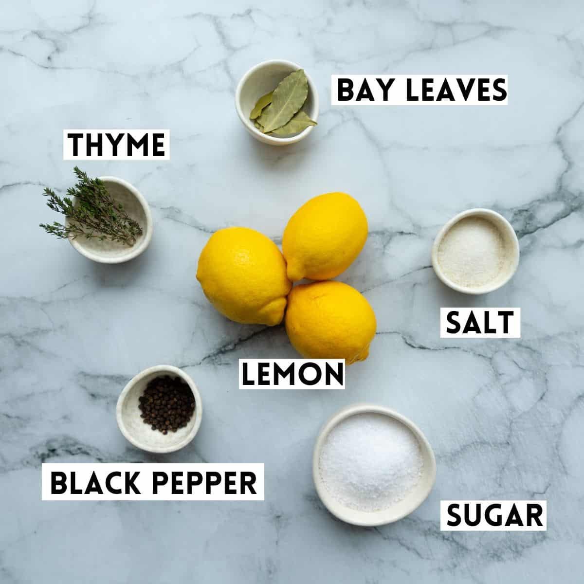 Ingredients for making preserved lemons on a marble background.