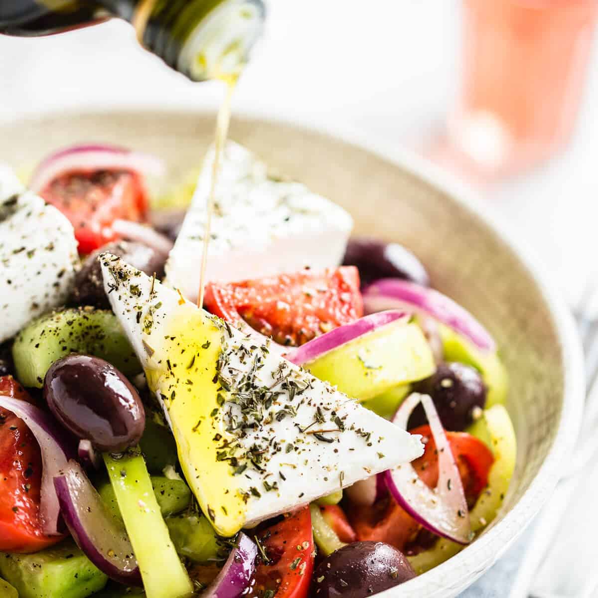 greek salad in white bowl