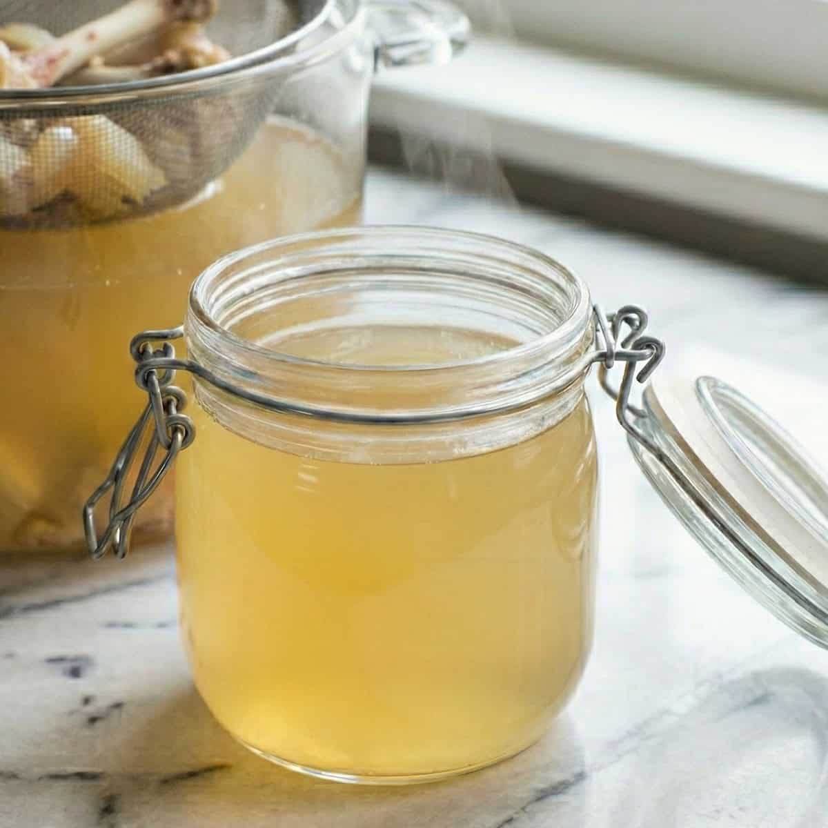 Chicken stock in a jar on a marble surface.
