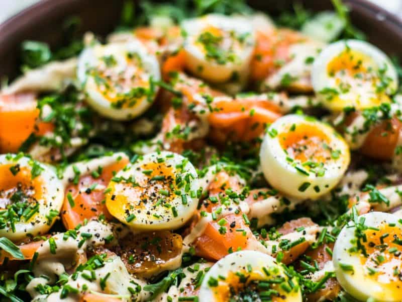 Easy salmon salad with perfect soft boiled egg and anchovy dressing
