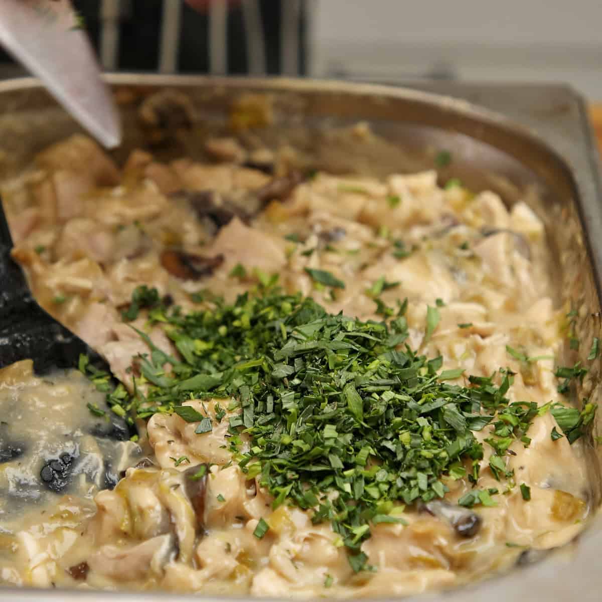 Creamy chicken and mushroom filling topped with fresh chopped tarragon.