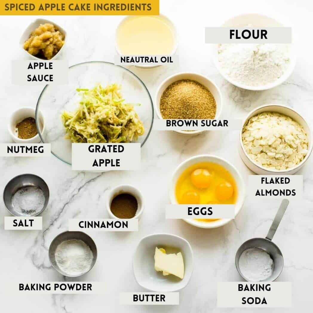 ingredients needed to make cake batter on a marble background