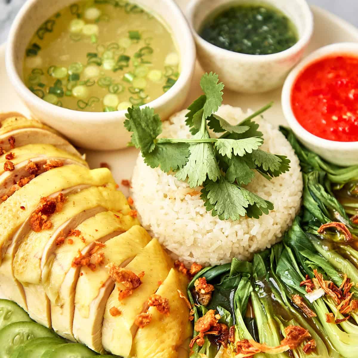 Hainanese chicken and rice served on a white plate with all the classic condiments.