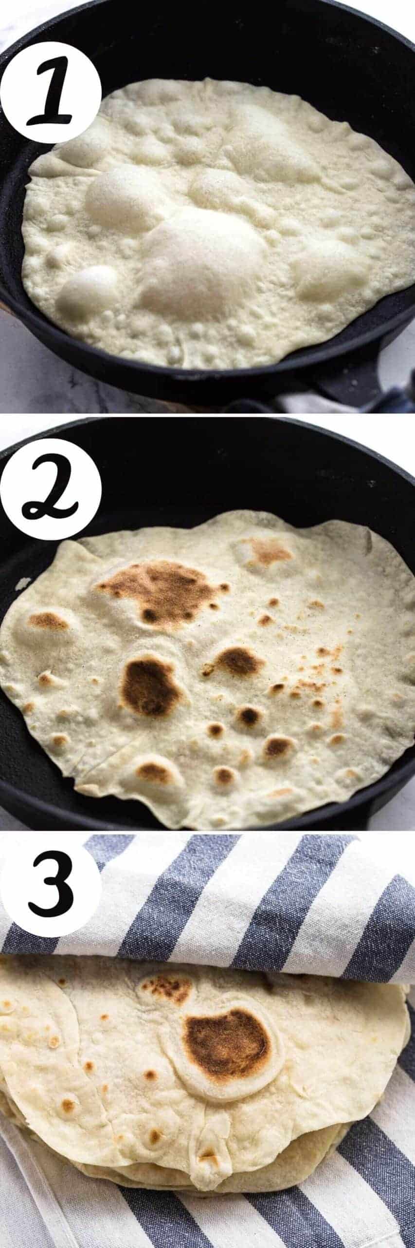 cooking flour tortillas in a skillet and keeping warm under kitchen towel