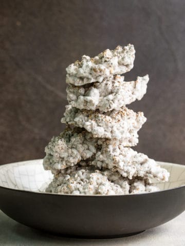 stack of barley koji in raku ceramic bowl