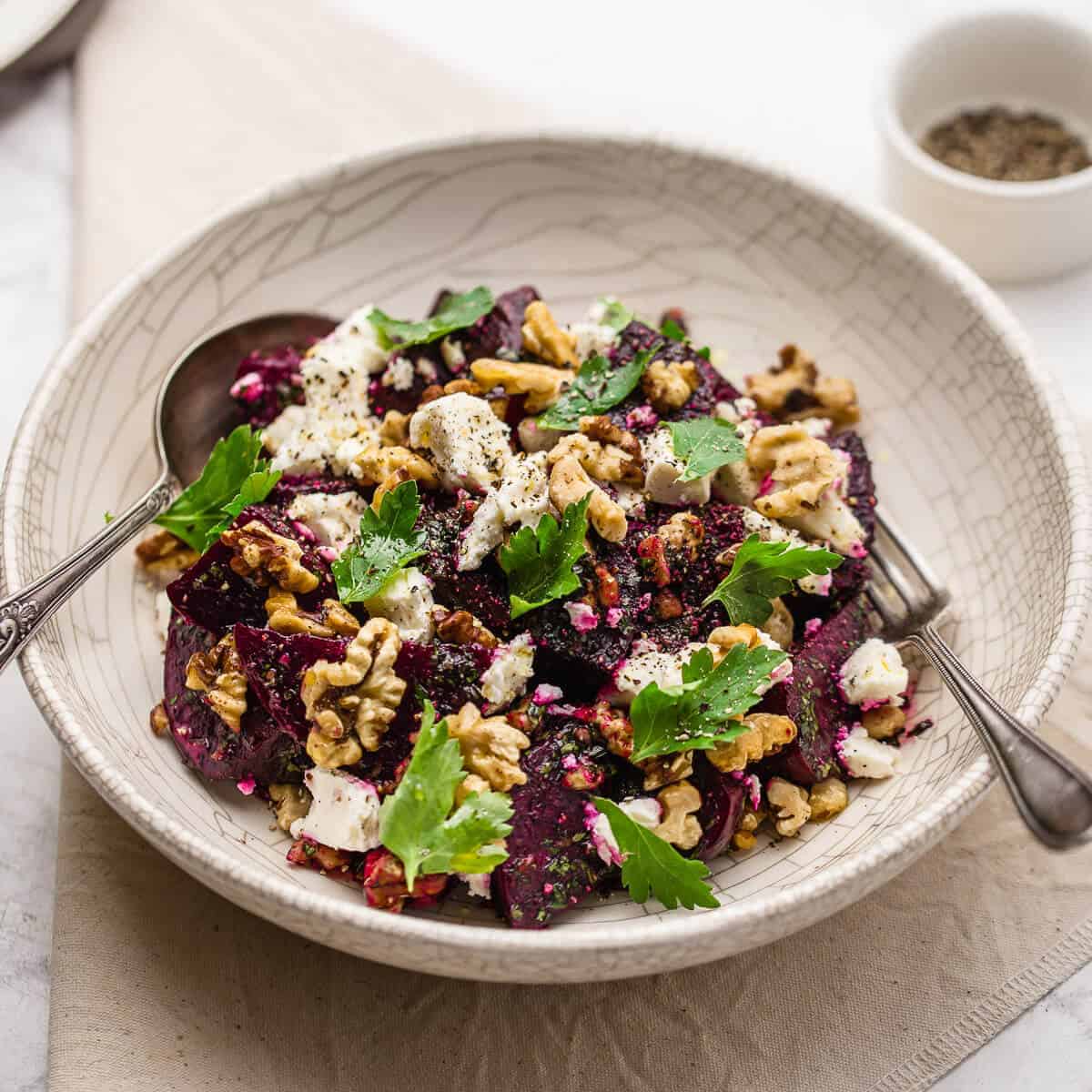 beetroot and feta salad in white bowl