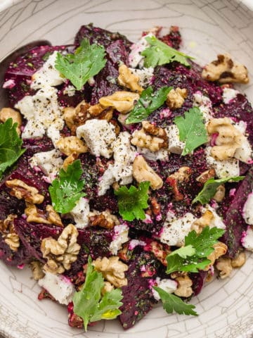 beetroot and feta salad in white bowl