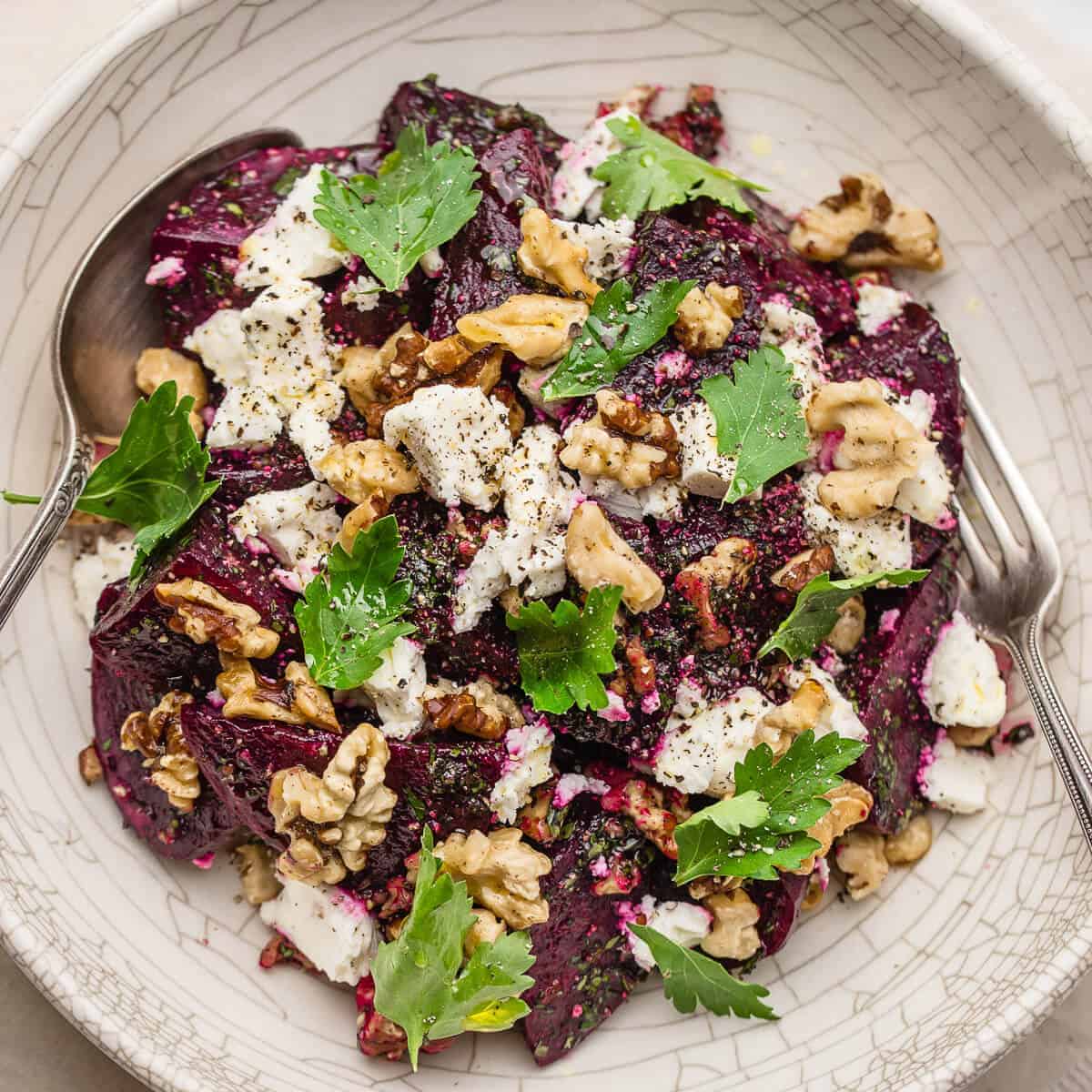 beetroot and feta salad in white bowl