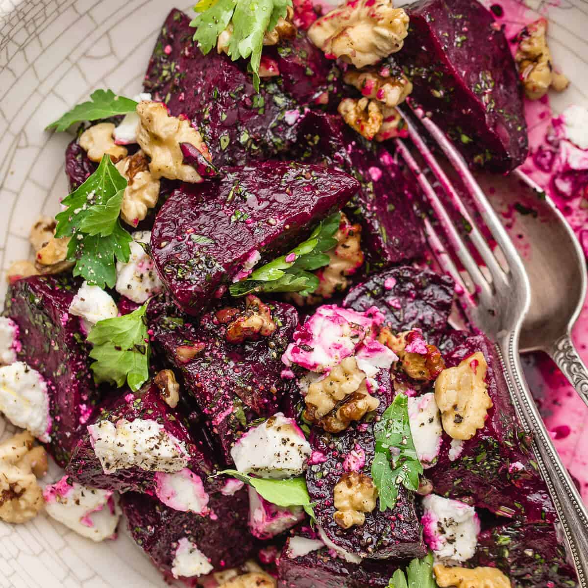 beetroot and feta salad in white bowl