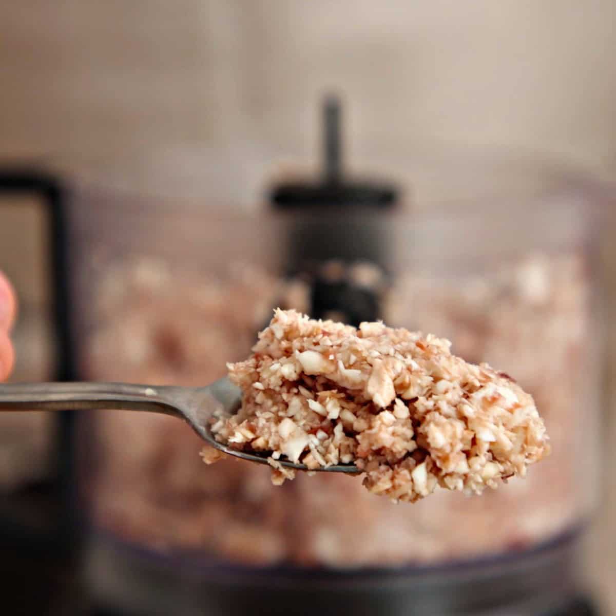 Blended mushrooms on a spoon.