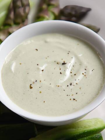 Blue cheese dressing in a ceramic dish.