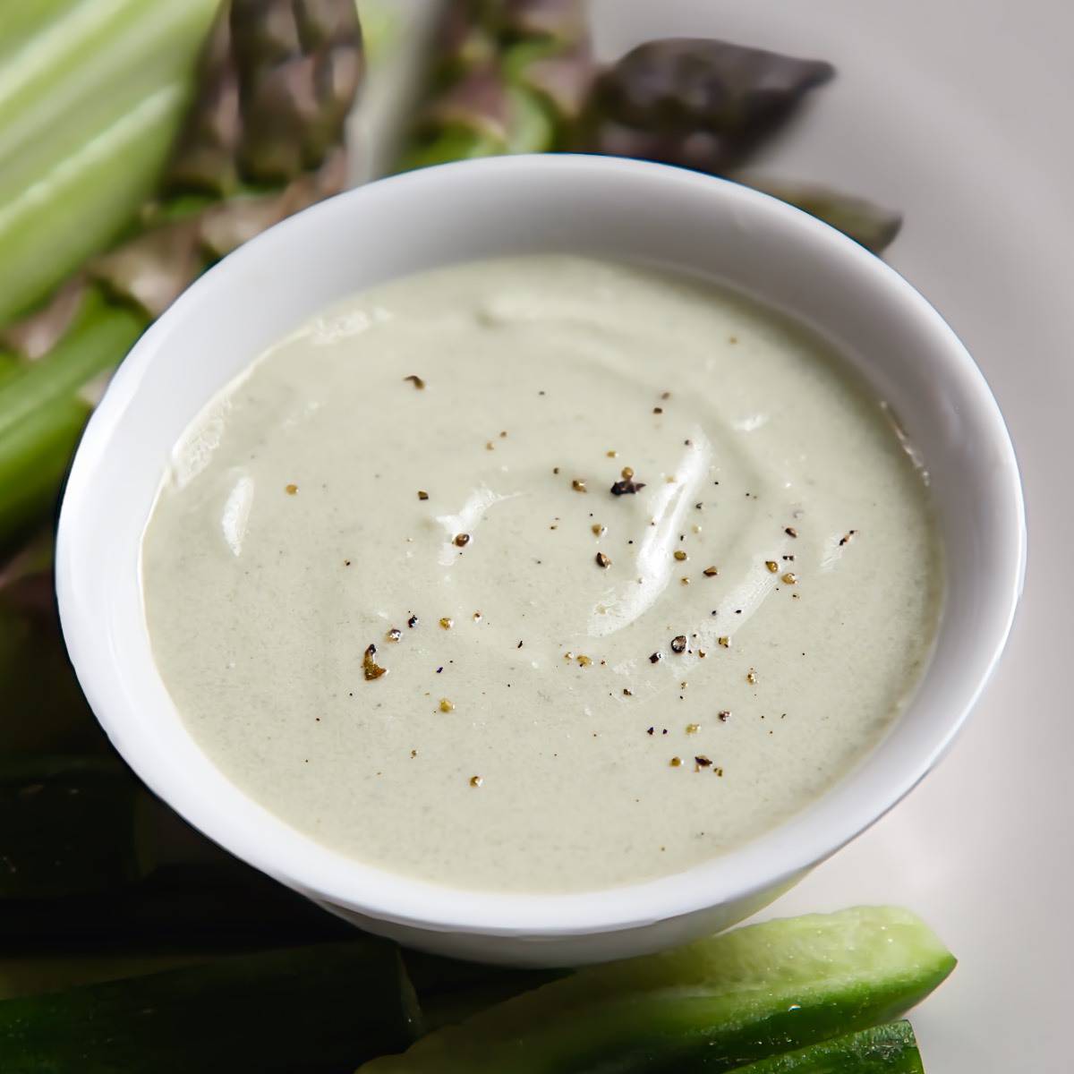 Blue cheese dressing in a ceramic dish.