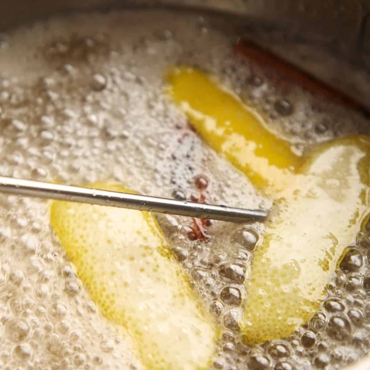 Boiling syrup in a pan.