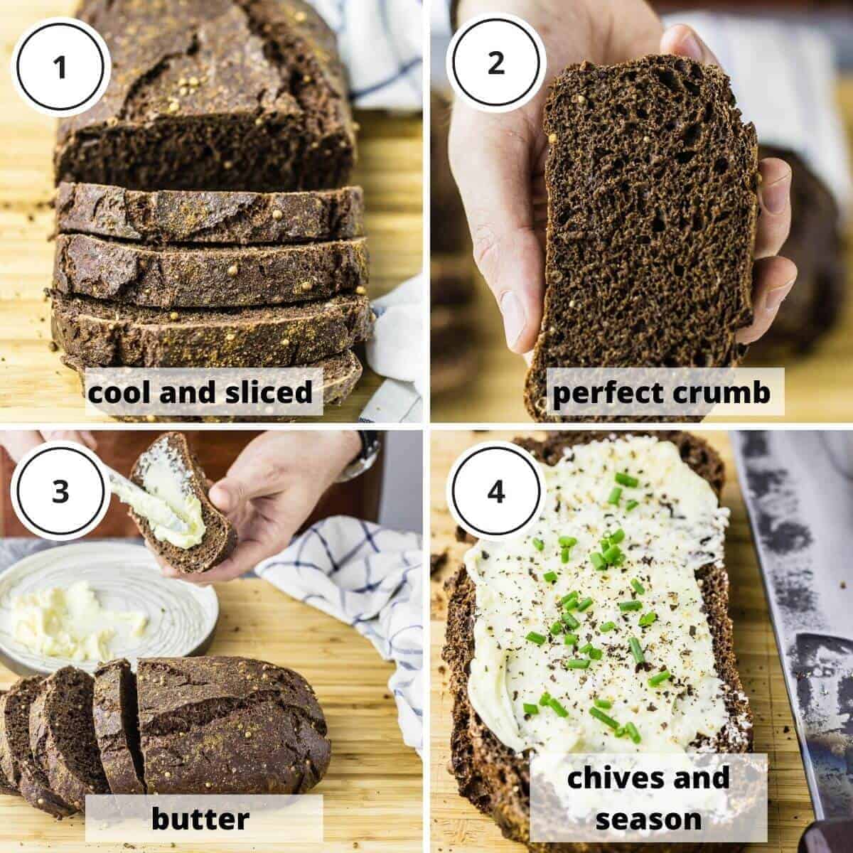 picture steps of serving dark rye bread.