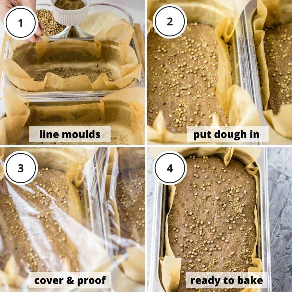 picture steps of proving and baking borodinsky bread.