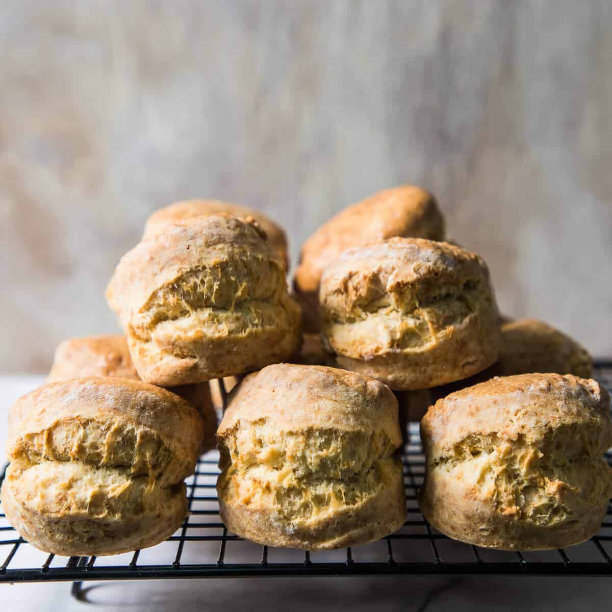 baked british scones on a black wire rack