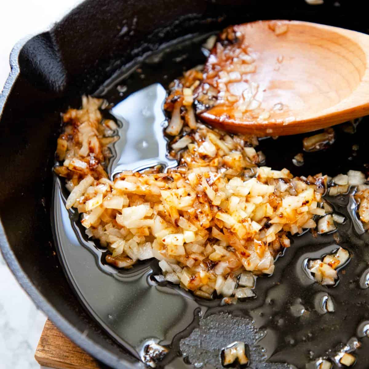 Fried onions in a skillet.