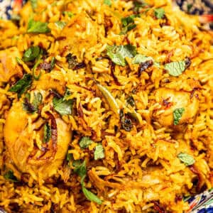 Chicken biryani with herbs and crispy onions in a bowl.