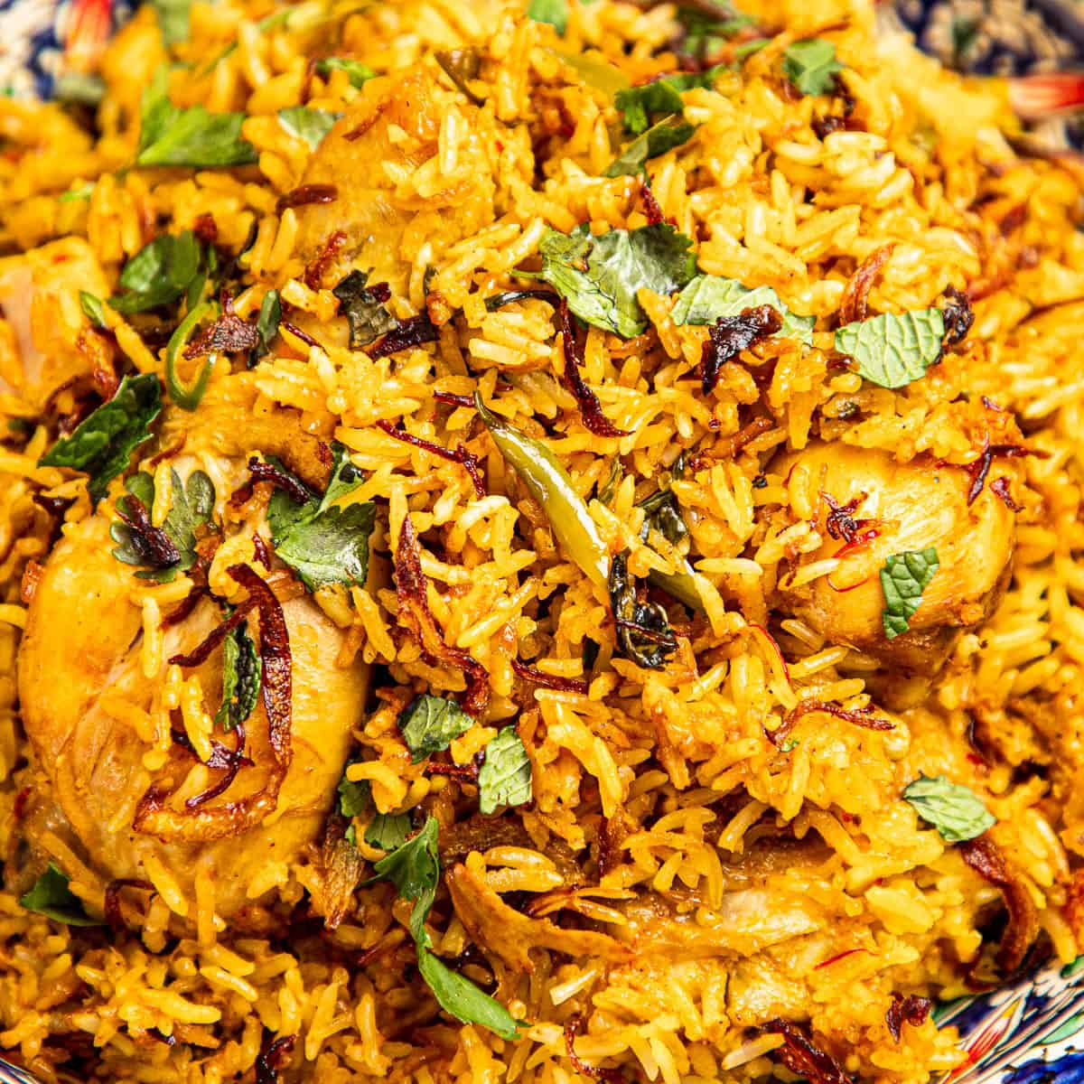 Chicken biryani with herbs and crispy onions in a bowl.