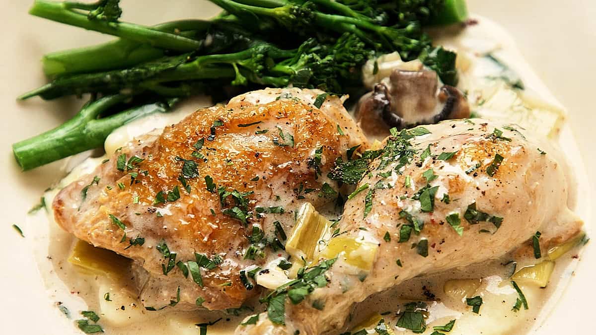 Chicken fricassée with mashed potatoes and broccoli in a white bowl.