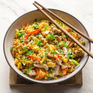 chicken fried rice in a bowl