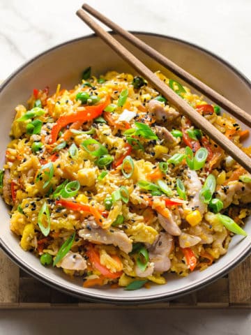 chicken fried rice in a bowl