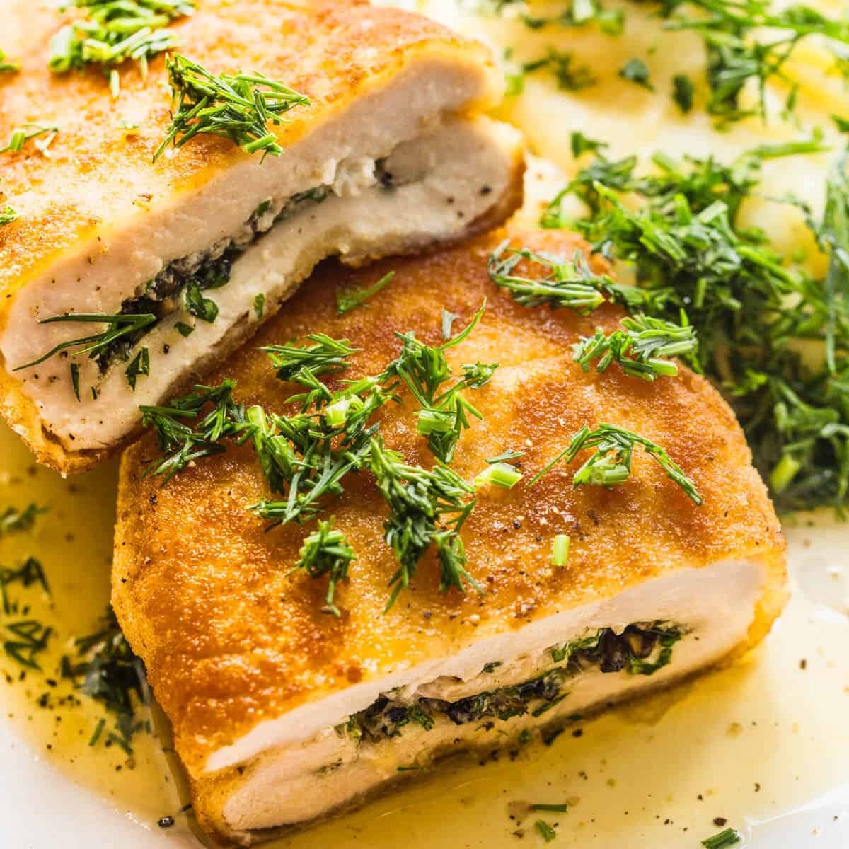 chicken kiev with mashed potatoes and dill