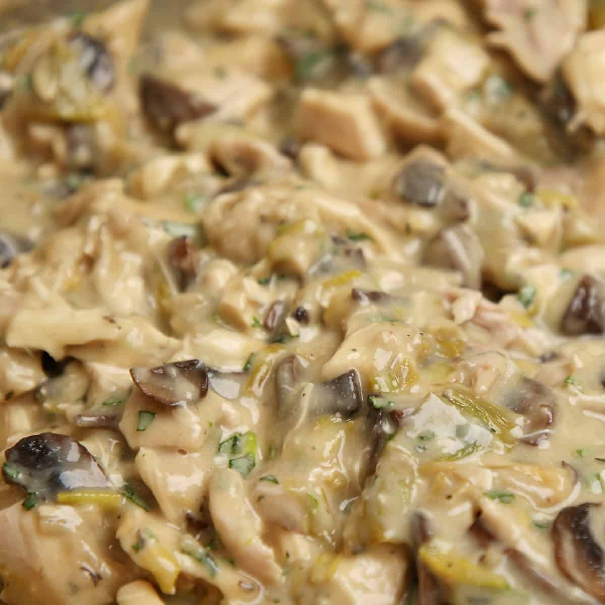 Close-up of creamy chicken and mushroom filling with fresh herbs.