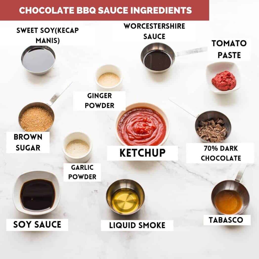 Ingredients needed for barbecue sauce on marble background.