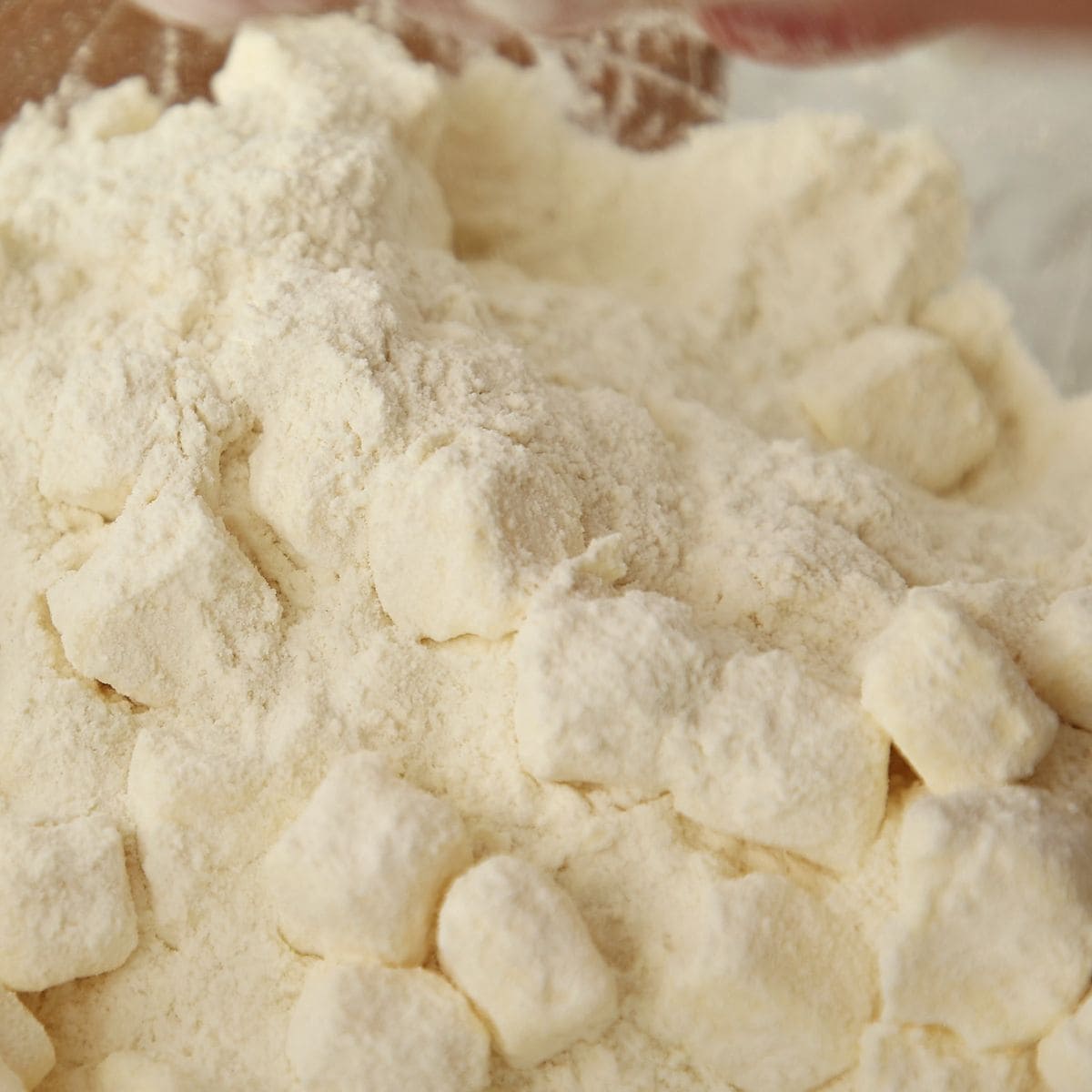 Cold cubed butter tossed through flour, each cube visible and coated but not rubbed in