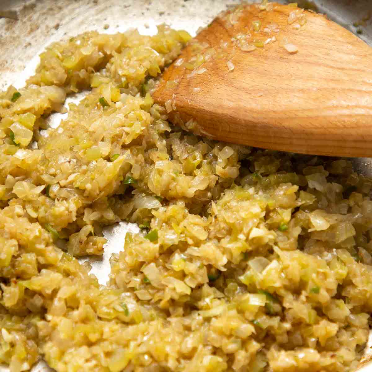 Fried onions and garlic in a pan.