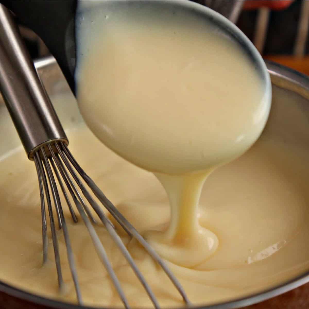 Cooked custard in a sauce pan.