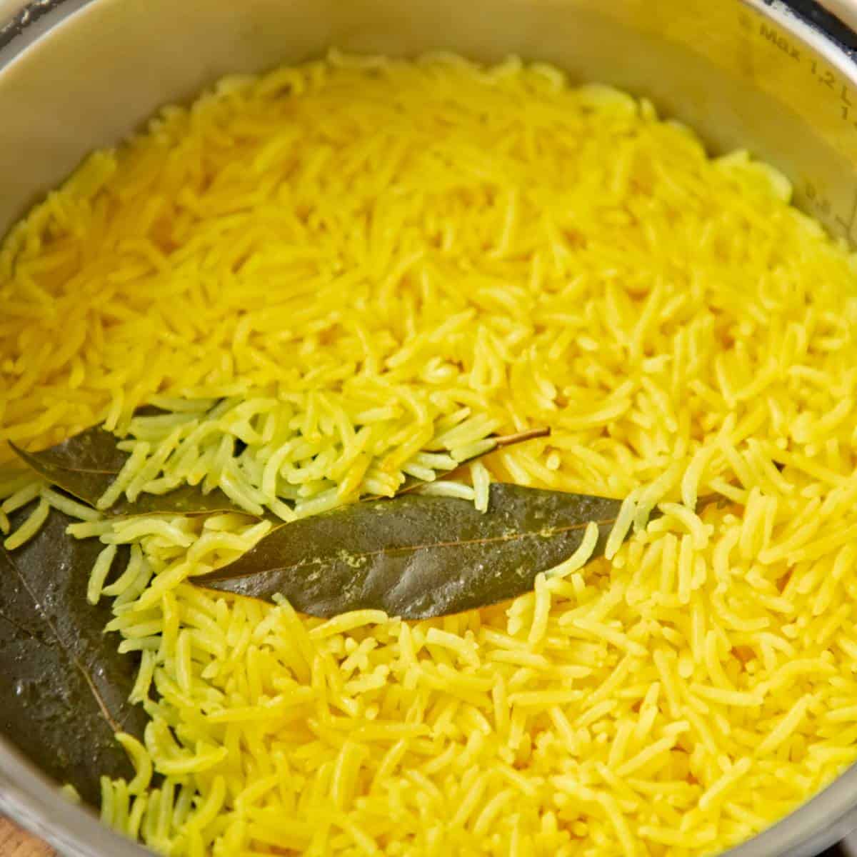 Yellow rice with bay leaf.