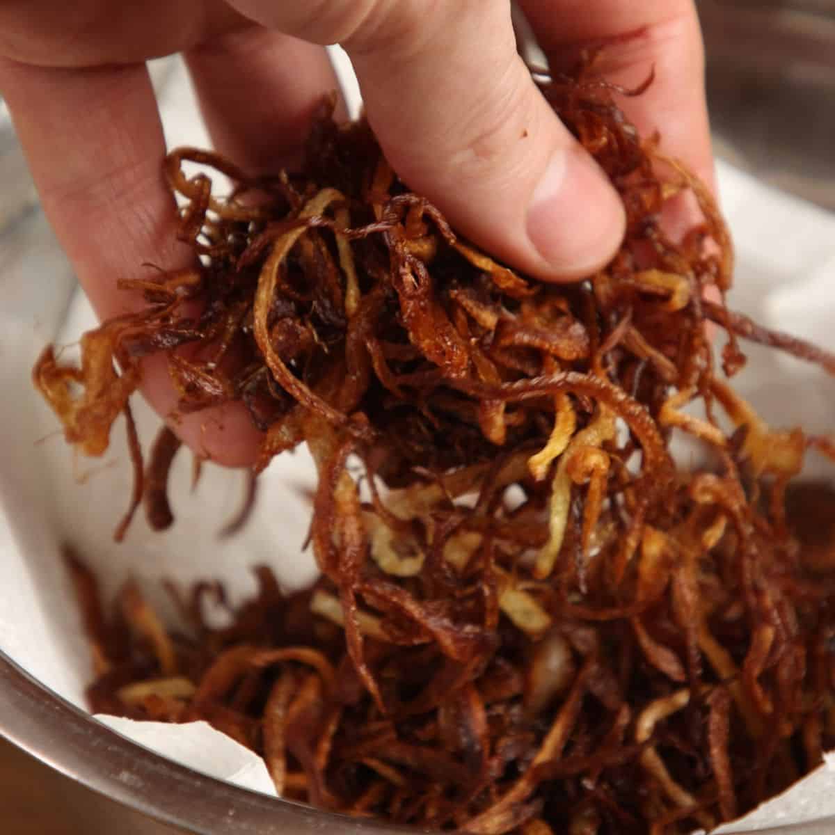 Crispy browned onions on a bowl.