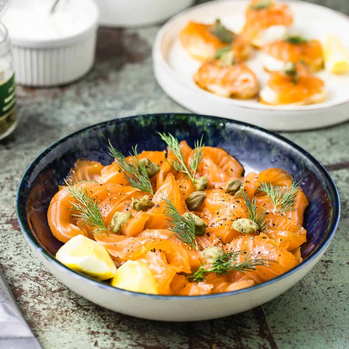 cured salmon in a blue bowl