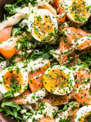 cured salmon salad in a brown bowl.
