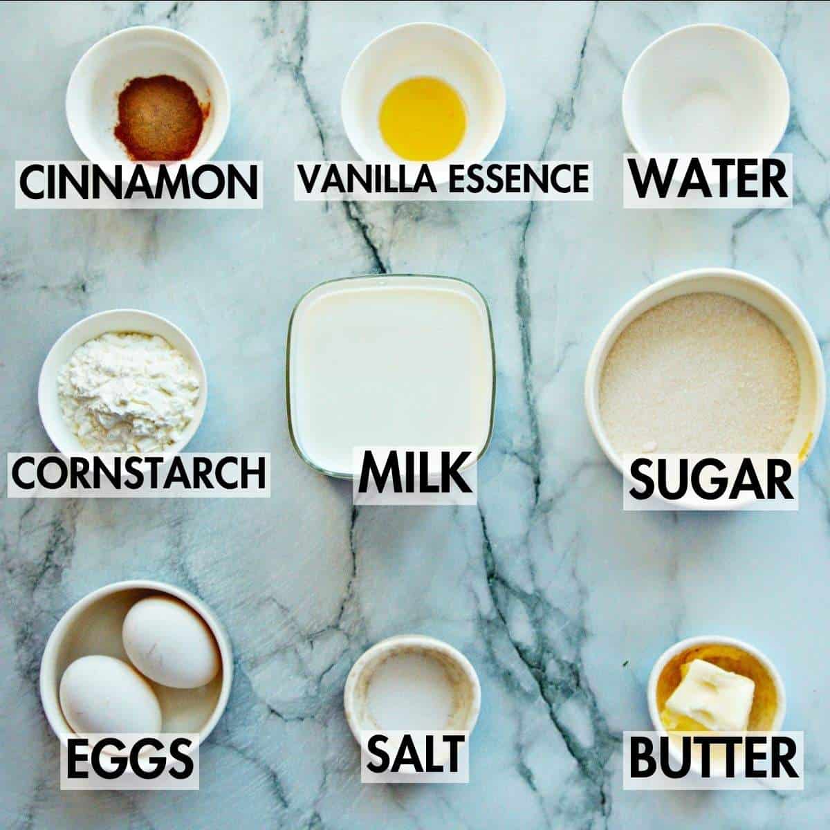 Custard ingredients on a board.