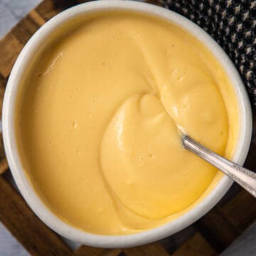 Homemade Custard in a white bowl.