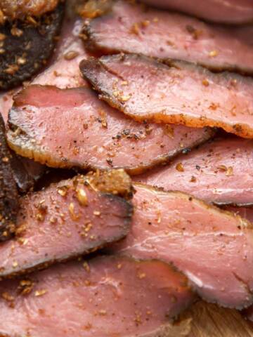 Sliced duck biltong close up.