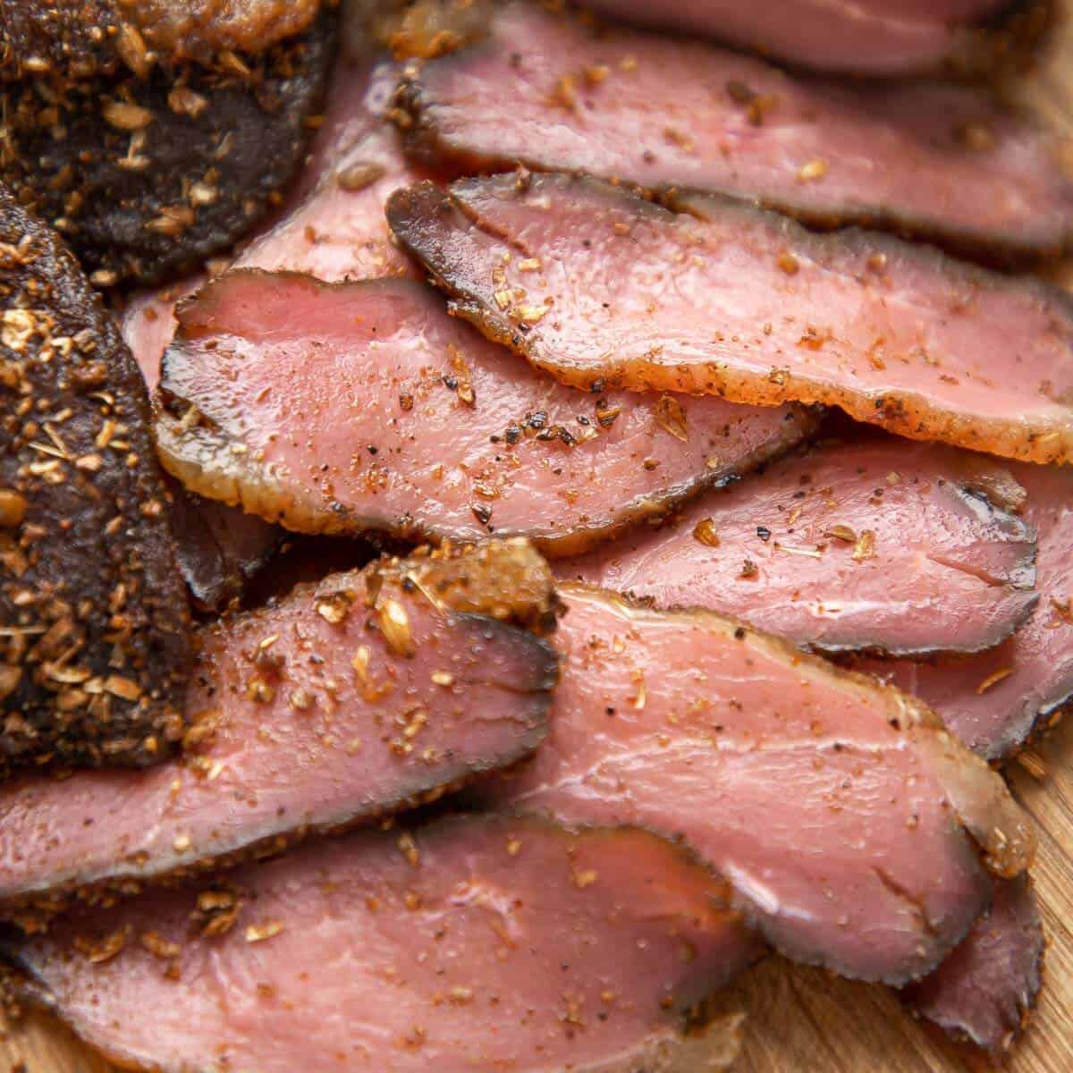 Sliced duck biltong close up.