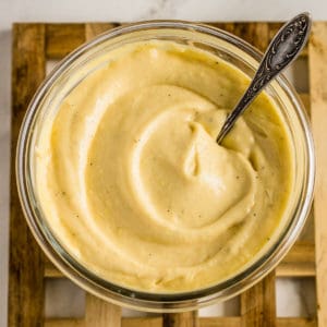 homemade mayonnaise in glass jar.