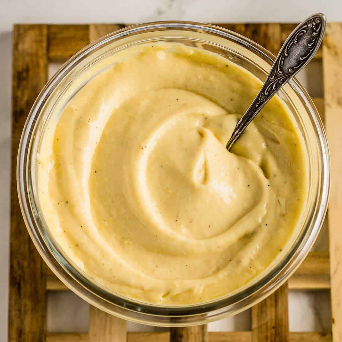 mayonnaise in a glass jar viewed from the top