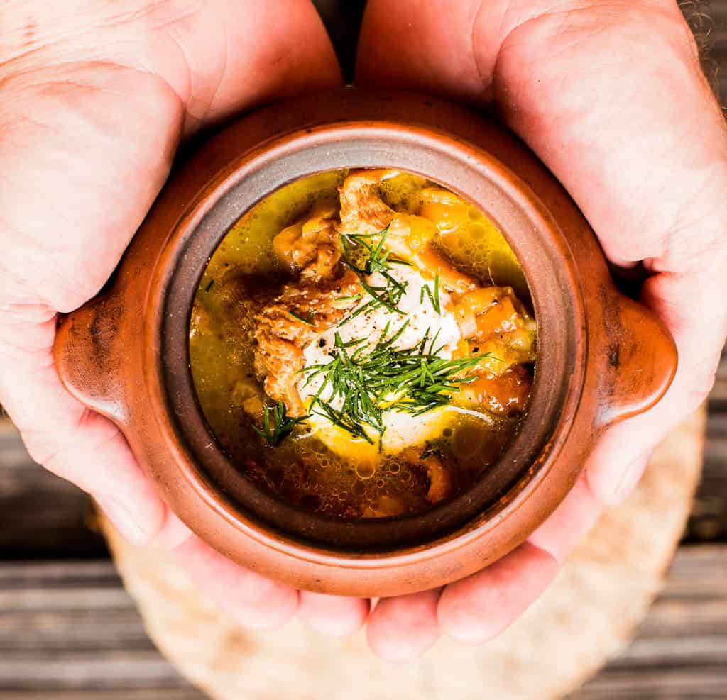 Chanterelle mushroom soup with sour cream and chopped dill in a brown soup bowl.