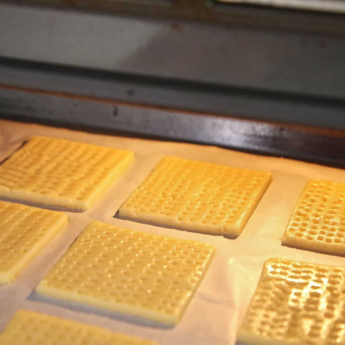 Frozen tennis biscuit squares baking in oven on tray, edges beginning to darken and turn golden brown