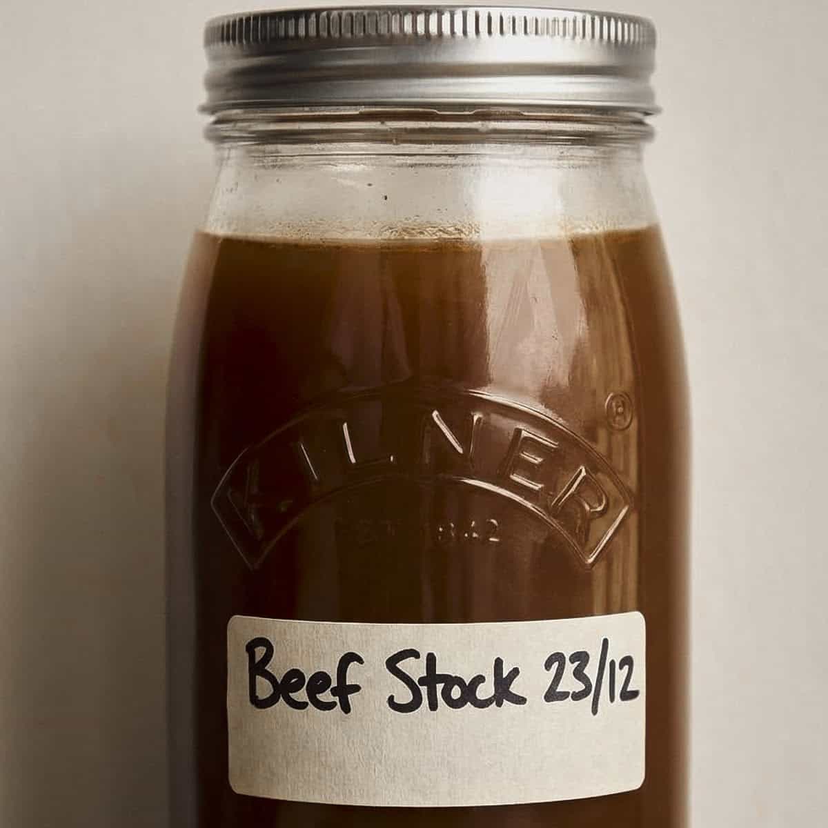 Labeled beef stock in a glass jar.