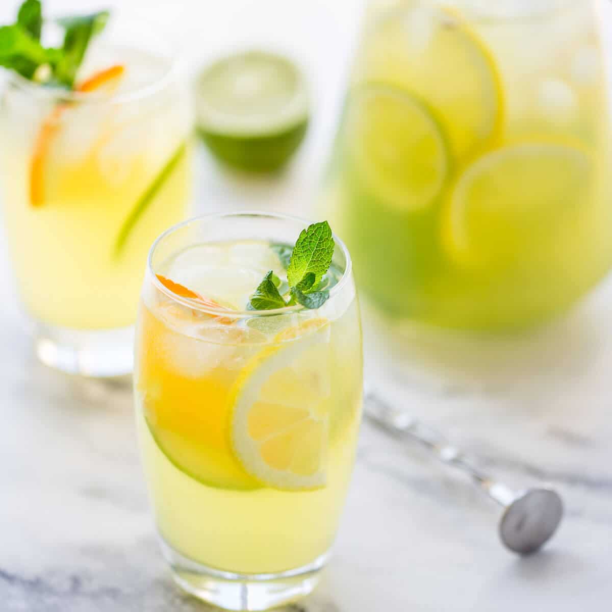lemonade in glasses and large jug.