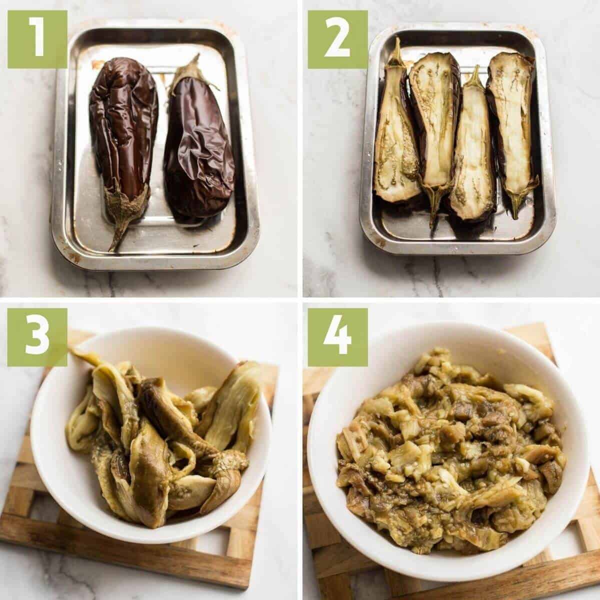 How to roast eggplant in collage format.