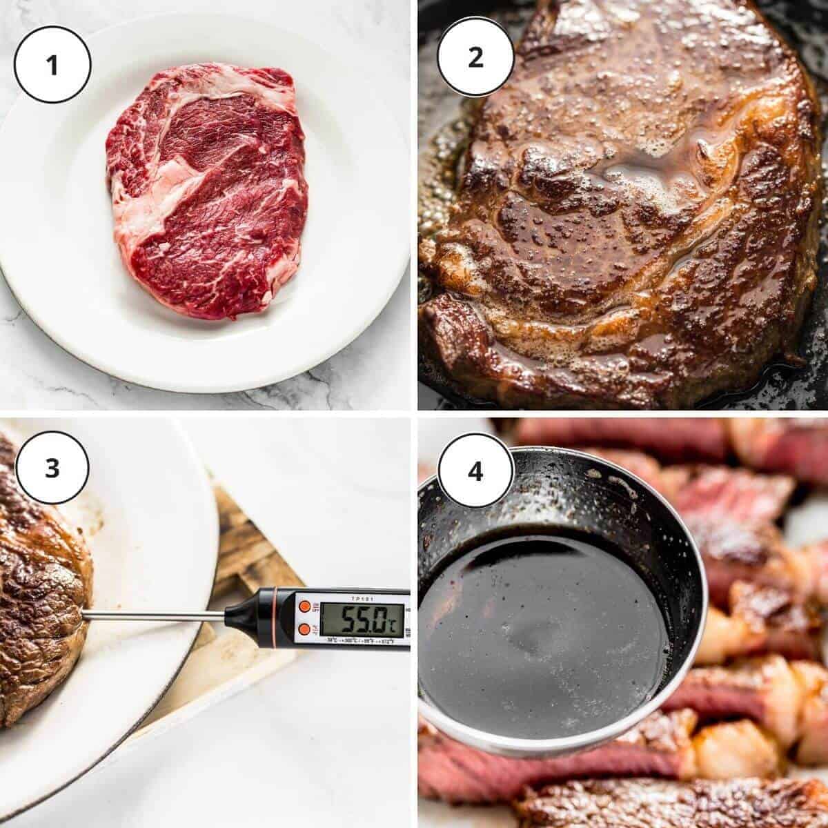 steps for cooking ribeye steak in a skillet