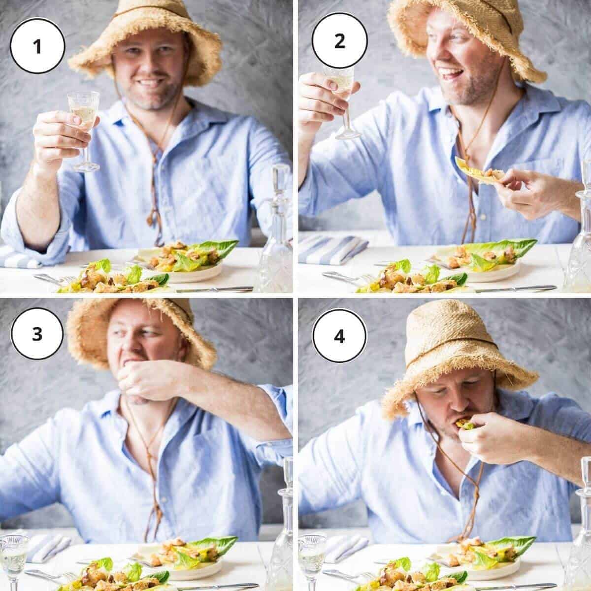 man with blue shirt eating salad