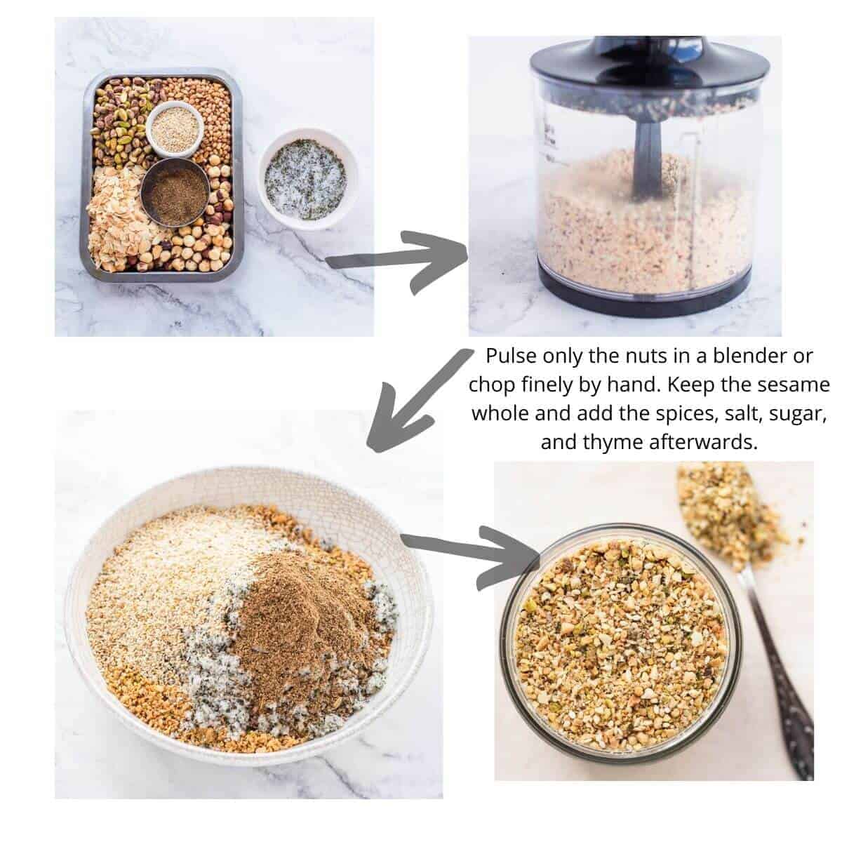 grinding nuts and putting ingredients together for dukkah